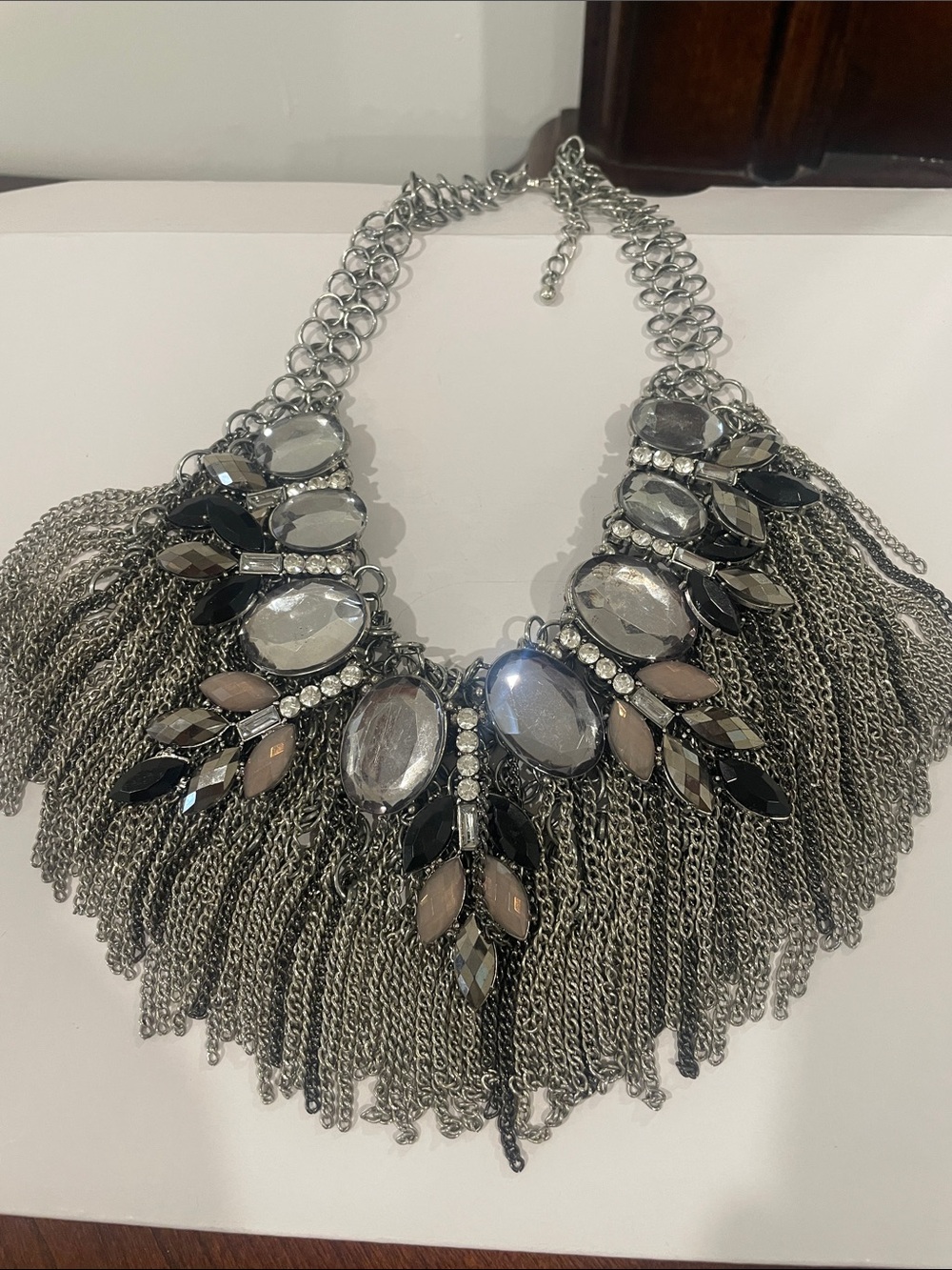 Statement Silver Fringe Crystal Bib Necklace - Women Jewelry